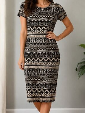Izabel London Black & Beige Fair Isle Print Midi Dress Size Medium